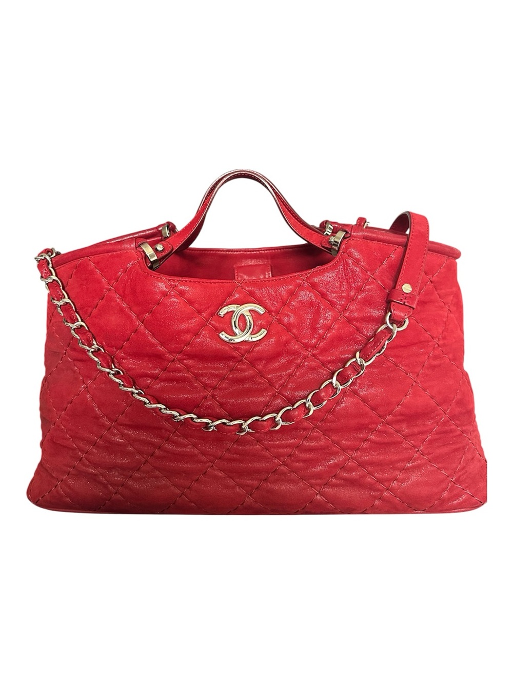 Authentic Chanel Sea Hit Tote Red Iridescent Calfskin Shoulder Bag SHW